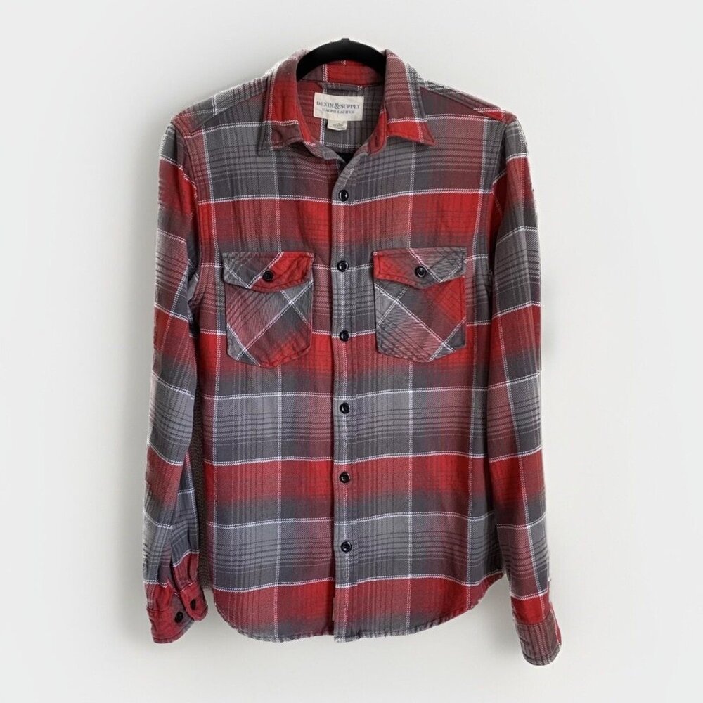 Denim & Supply Ralph Lauren Red Gray Flannel Button Up Shirt Mens Small Grunge